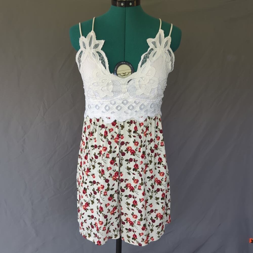 Floral Lace Romper Cottagecore Coquette Romantic Rose Print L